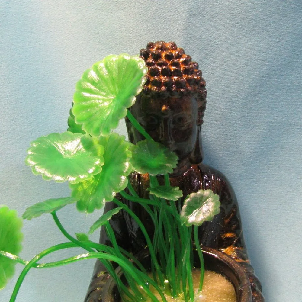 Aquarium Decoration - Green and Gold Buddha with Artificial Plant